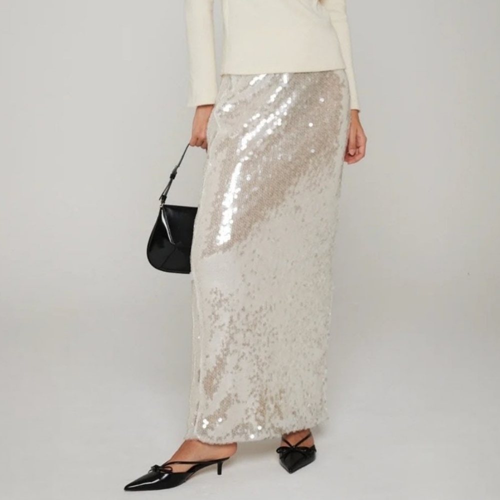NEW MILVA MI Elegant Sequin Maxi Skirt - Silver Cream MADE IN ITALY SIZE 4